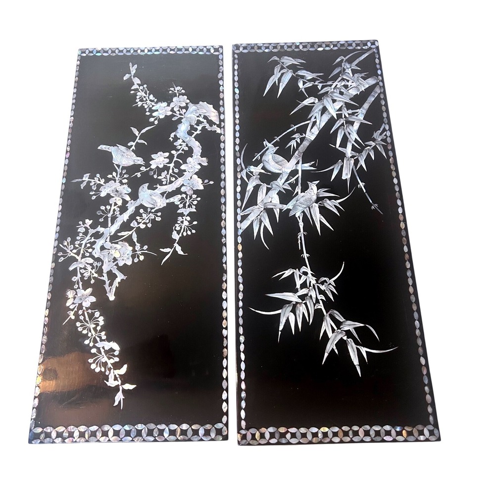 Vintage Korean Mother of Pearl Inlay Black Lacquer Wall Art Panels PairBirds 19"